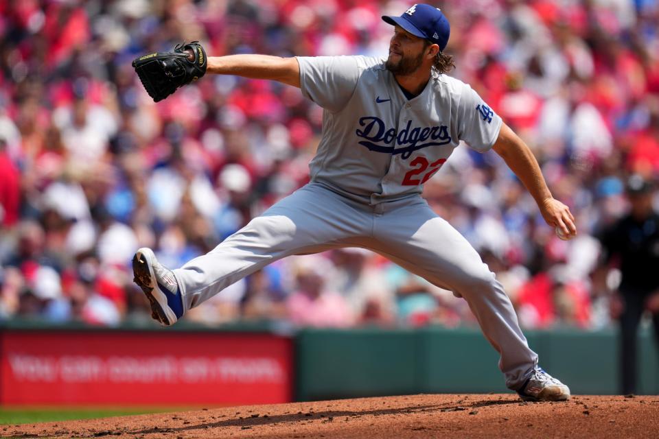 Jun 8, 2023; Cincinnati, Ohio, USA; Los Angeles Dodgers starting pitcher Clayton Kershaw (22) delivers in the first inning of a baseball game between the Los Angeles Dodgers and the Cincinnati Reds at Great American Ball Park. Mandatory Credit: Kareem Elgazzar-USA TODAY Sports