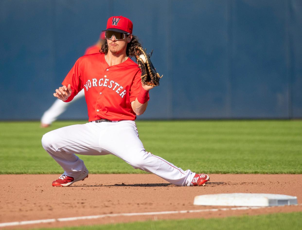 WooSox first baseman Ryan Fitzgerald catches a hard-hit line drive to end the fourth inning against the RailRiders at Polar Park on Saturday.