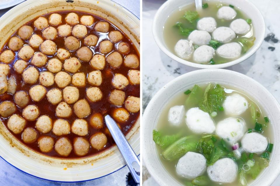 Snack on spicy fish balls served with a fragrant curry (left). Order the a mix of fish balls, cuttlefish balls and pork balls with soup and vegetables (right).