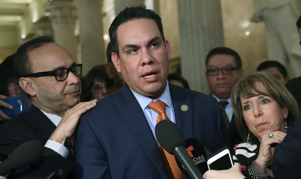 Members of theCongressional Hispanic Caucus address reporters following a meeting with John Kelly. (Photo: Susan Walsh/AP)