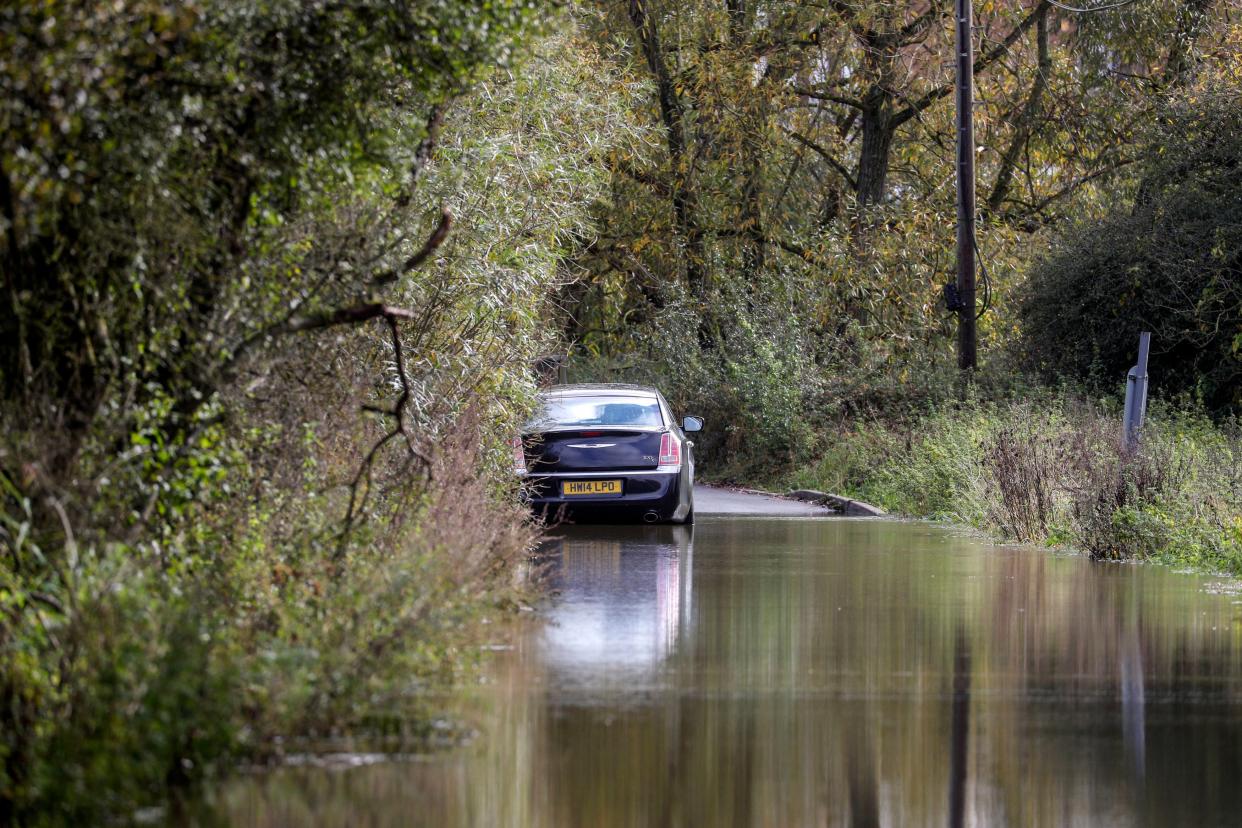 A flooded road is shown in Newport Pagnell, Buckinghamshire on 6 October, 2020.  (Steve Parsons/PA Wire)