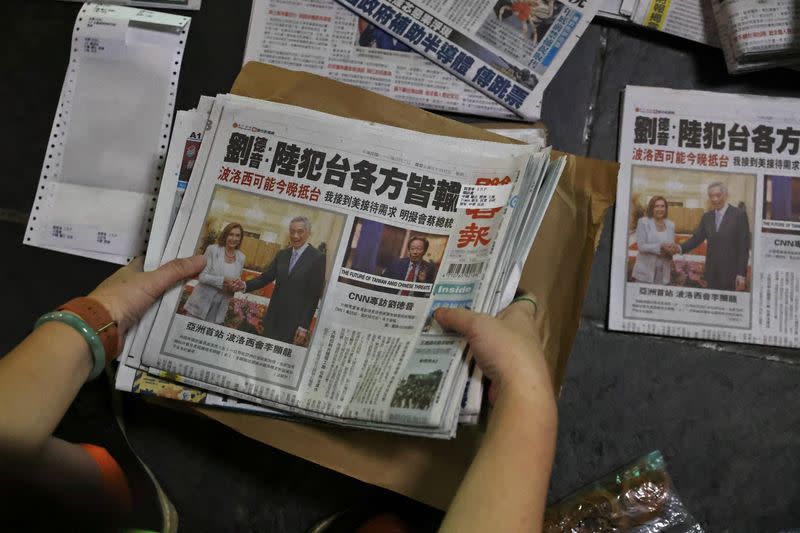 A newspaper front page reporting about U.S. House of Representatives Speaker Nancy Pelosi is pictured in Taipei,