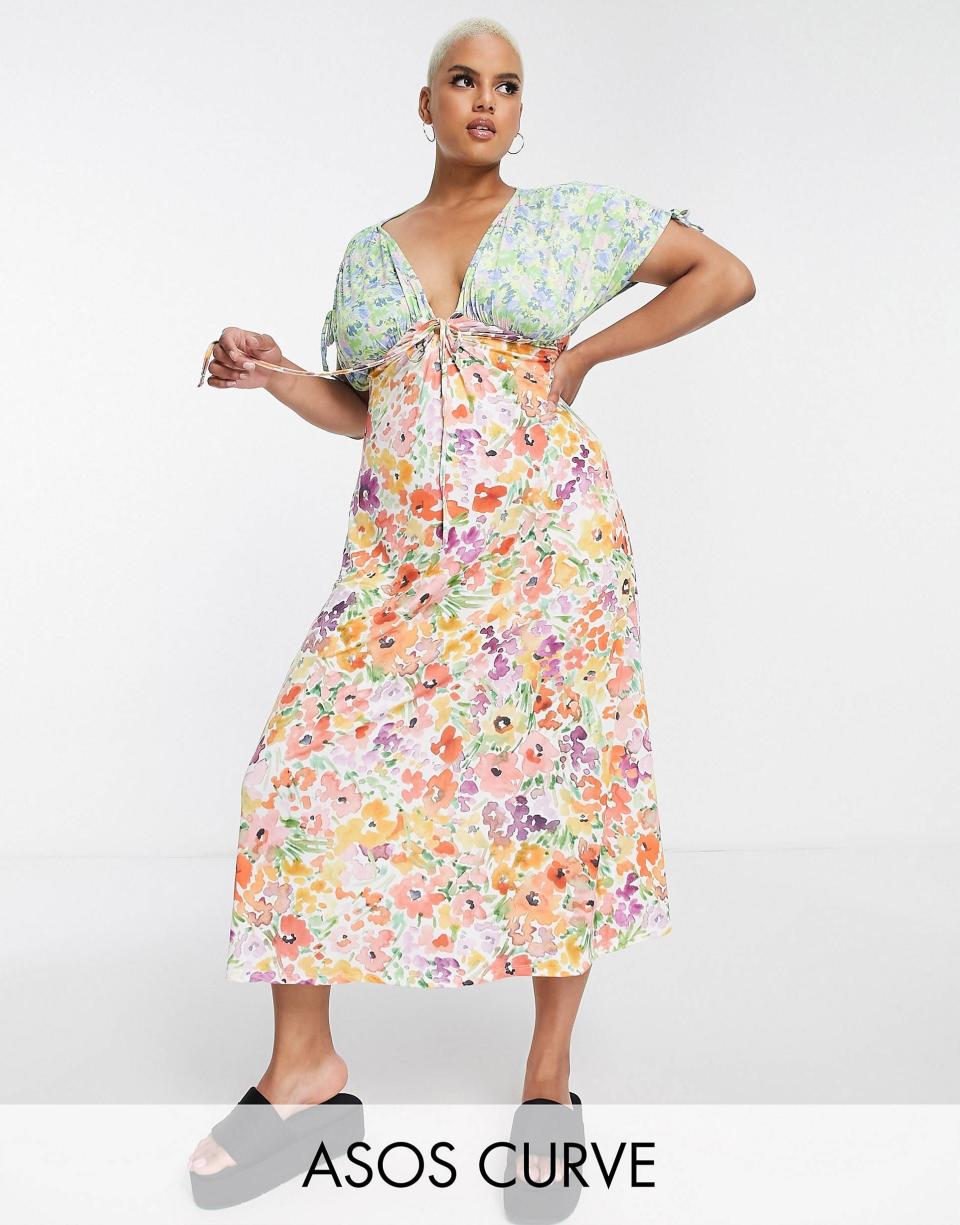 3) Short Sleeve Tie Detail Midi Tea Dress in Mix Match Floral