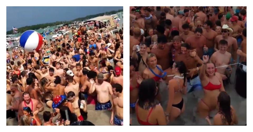 La fiesta en la playa del Diamond Lake, Michigan, el pasado fin de semana del 4 de julio. Multitudes ignoraron los peligros del covid-19 y se reunieron sin mascarillas ni distanciamiento social. (Twitter/Max Lewis)