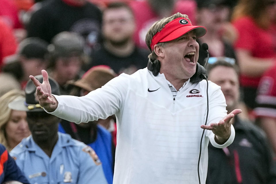 FILE - Georgia head coach Kirby Smart reacts on the sideline during the second half of an NCAA college football game against Georgia Tech, Saturday, Nov. 26, 2022, in Athens, Ga. Georgia faces Tennessee on Nov. 18, 2023. The two-time defending national champion Bulldogs will have faced only one team ranked in the preseason in No. 22 Ole Miss (Nov. 11) when they arrive the following Saturday at Neyland Stadium to face the Volunteers and more than 100,000 supporters. (AP Photo/John Bazemore, File)