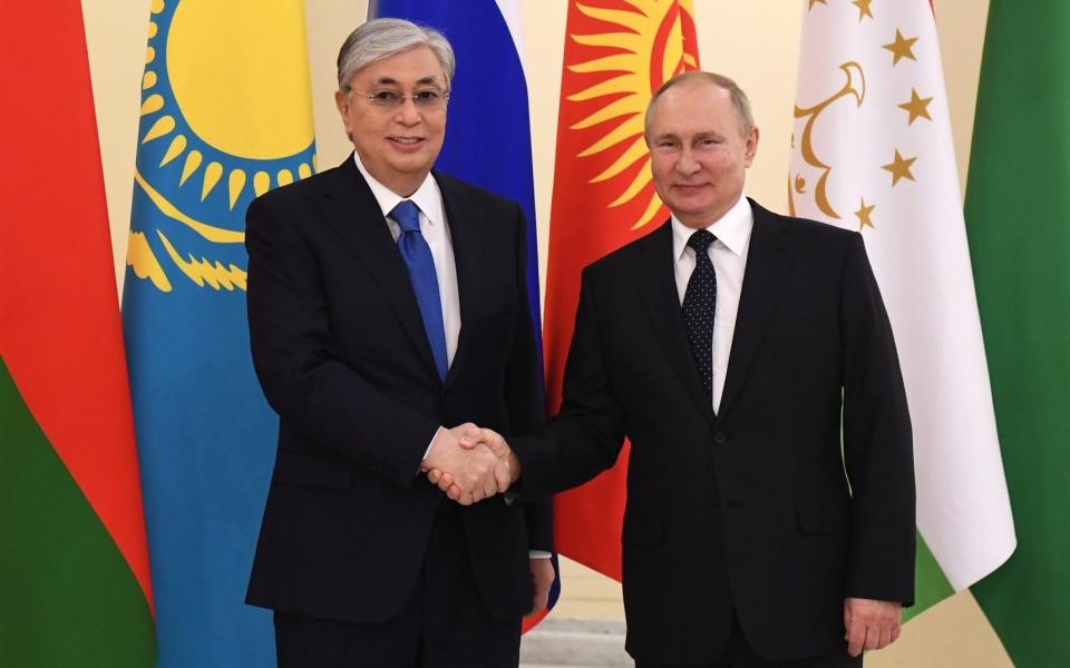 Kazakhstan president Kassam-Jomart Tokayev and Russian president Vladimir Putin - Kremlin Press Office/Anadolu Agency via Getty Images