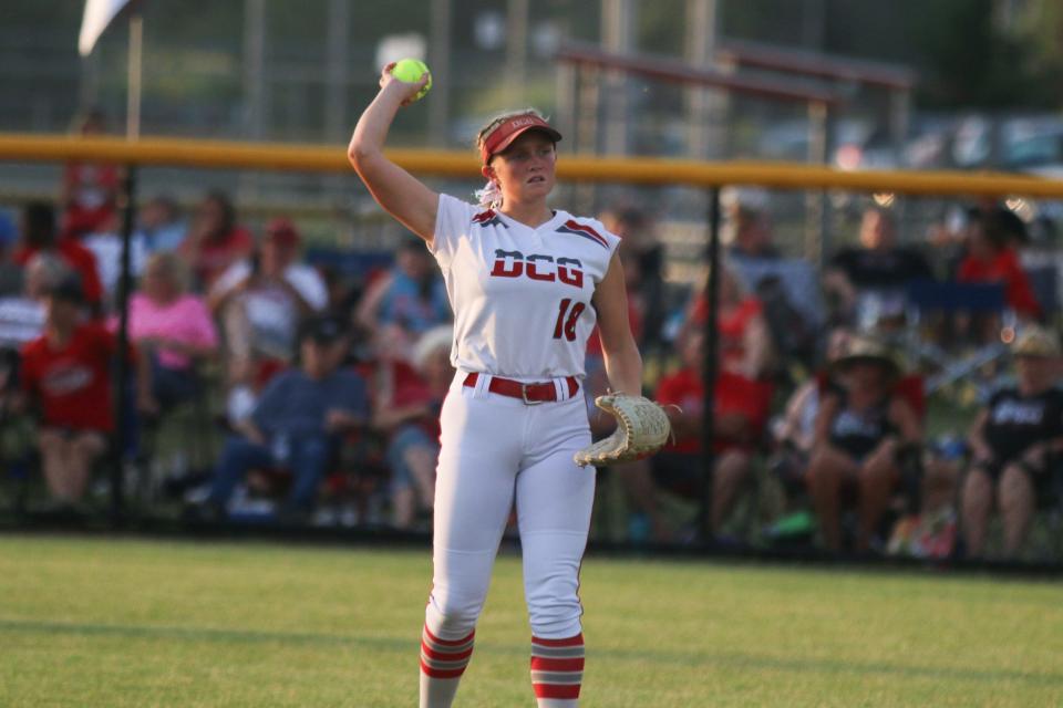 DCG's Olivia Huston fields the ball during a Class 4A regional final softball game against ADM on Tuesday, July 11, 2023, in Dallas Center.