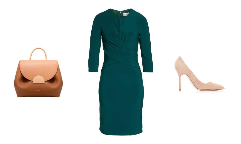 <p>Eliza J jersey sheath dress, $118, <a rel="nofollow noopener" href="https://shop.nordstrom.com/s/eliza-j-jersey-sheath-dress/4620108?siteid=J84DHJLQkR4-0oiLXBmhQcAnHz5jND.1rQ&utm_source=rakuten&utm_medium=affiliate&utm_campaign=J84DHJLQkR4&utm_content=1&utm_term=593372&utm_channel=affiliate_ret_p&sp_source=rakuten&sp_campaign=J84DHJLQkR4" target="_blank" data-ylk="slk:nordstrom.com;elm:context_link;itc:0;sec:content-canvas" class="link ">nordstrom.com</a>; Polène Numero Un, $400,<a rel="nofollow noopener" href="https://eng.polene-paris.com/products/numero-un-trio-camel-graine" target="_blank" data-ylk="slk:polene-paris.com;elm:context_link;itc:0;sec:content-canvas" class="link "> polene-paris.com</a>; Manolo Blahnik BB, $625, <a rel="nofollow noopener" href="https://www.manoloblahnik.com/us/shopping/bb-11207034" target="_blank" data-ylk="slk:manoloblahnik.com;elm:context_link;itc:0;sec:content-canvas" class="link ">manoloblahnik.com</a>. </p>