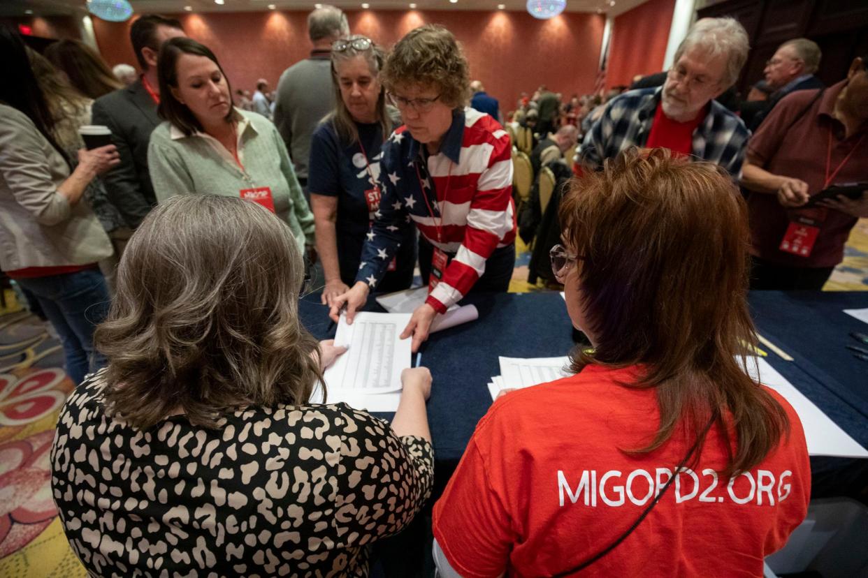 <span>State delegates convene at Michigan’s Republican party convention, on 2 March 2024 in Grand Rapids.</span><span>Photograph: Bill Pugliano/Getty Images</span>