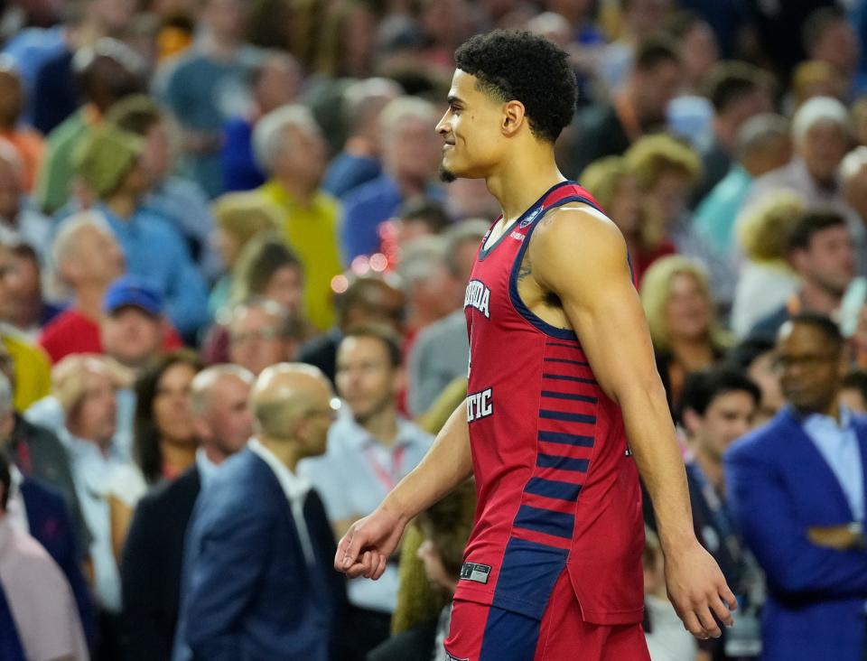 Apr 1, 2023; Houston, TX, USA; Florida Atlantic Owls guard Bryan Greenlee (4) leaves the court after losing to the San Diego State Aztecs in the semifinals of the Final Four of the 2023 NCAA Tournament at NRG Stadium. Mandatory Credit: Robert Deutsch-USA TODAY Sports