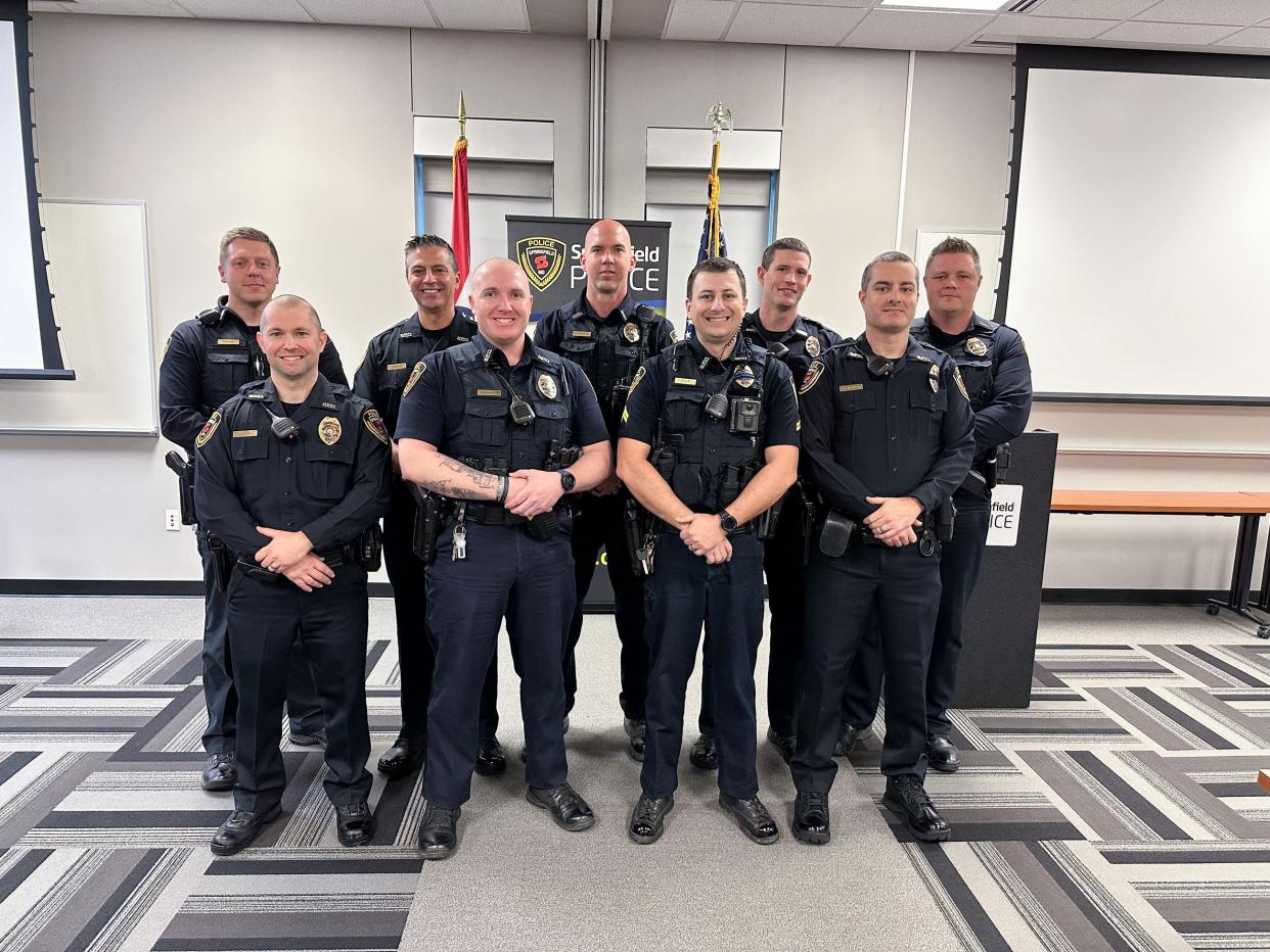 The 10 officers promoted to corporal include (pictured left to right) David Kenyon, Oliver Hoedel, Jon Conklin, Ben Chronister, Steven Hartman, Joseph Pyle, Jacob O'Quinn, Justin Hollingsworth, and Keith Wright. Nathan Davis was recognized but not pictured.