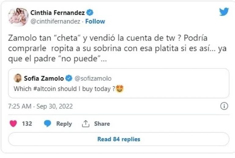 Tuit de Cinthia Fernández contra Sofía Zámolo.