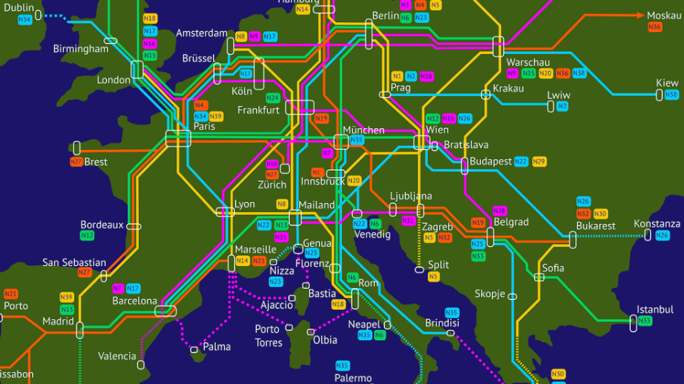 The proposed network map for the Night Sprinter, circa 2030 (Mathias Gastel, Grüne Bahnstrategie)