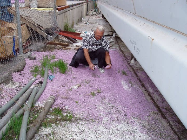 Pre-production plastic pellets strewn on the ground near a facility in California.