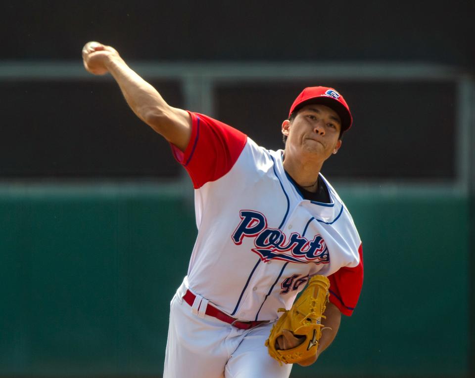 Stockton Ports' Chen Zhong-Ao Zhuang delivers a pitch during the Ports Education Day matinee game against the Fresno Grizzlies at the Stockton Ballpark downtown Stockton on Apr. 26, 2022.