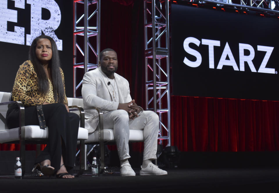 Creator/executive producer Courtney A. Kemp, left, and Curtis "50 Cent" Jackson participate in the Starz "Power" panel at the Television Critics Association Summer Press Tour on Friday, July 26, 2019, in Beverly Hills, Calif. (Photo by Richard Shotwell/Invision/AP)