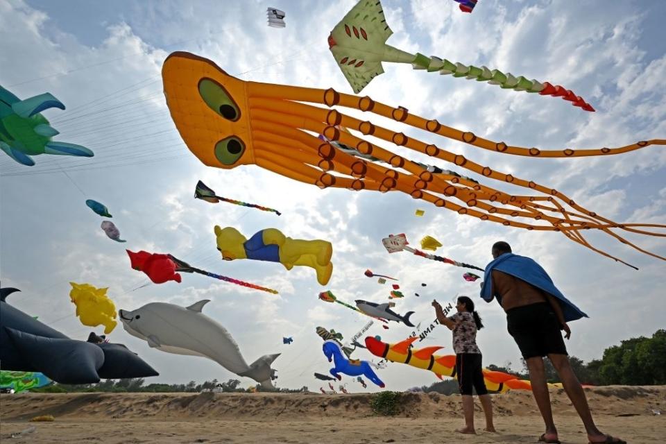 People standing on a beach watching various animal-shaped kites, including a fish and an octopus, flying in the sky during a kite festival