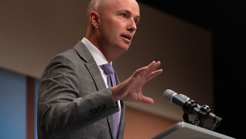 Gov. Spencer Cox speaks at his monthly PBS news conference at the Eccles Broadcast Center in Salt Lake City on Thursday, Sept. 21, 2023.