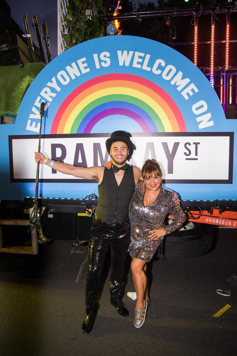 SYDNEY, AUSTRALIA - MARCH 02: Neighbours cast dance away on their own Ramsay street float during the 2019 Sydney Gay & Lesbian Mardi Gras Parade on March 02, 2019 in Sydney, Australia. The Sydney Mardi Gras parade began in 1978 as a march and commemoration of the 1969 Stonewall Riots of New York. It is an annual event promoting awareness of gay, lesbian, bisexual and transgender issues and themes. (El Pics/ Getty Images)