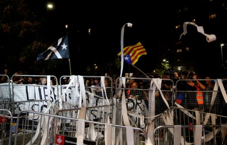 Separatists protest after a verdict in a trial over a banned Catalonia's independence referendum in Barcelona
