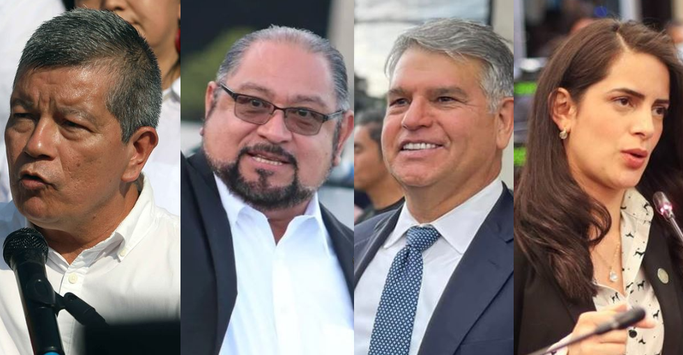 Los candidatos de la oposición en El Salvador Manuel "El Chino Flores" (FMLN), Joel Sánchez (Arena), Luis Parada (Nuestro Tiempo) y Claudia Ortiz (Vamos).