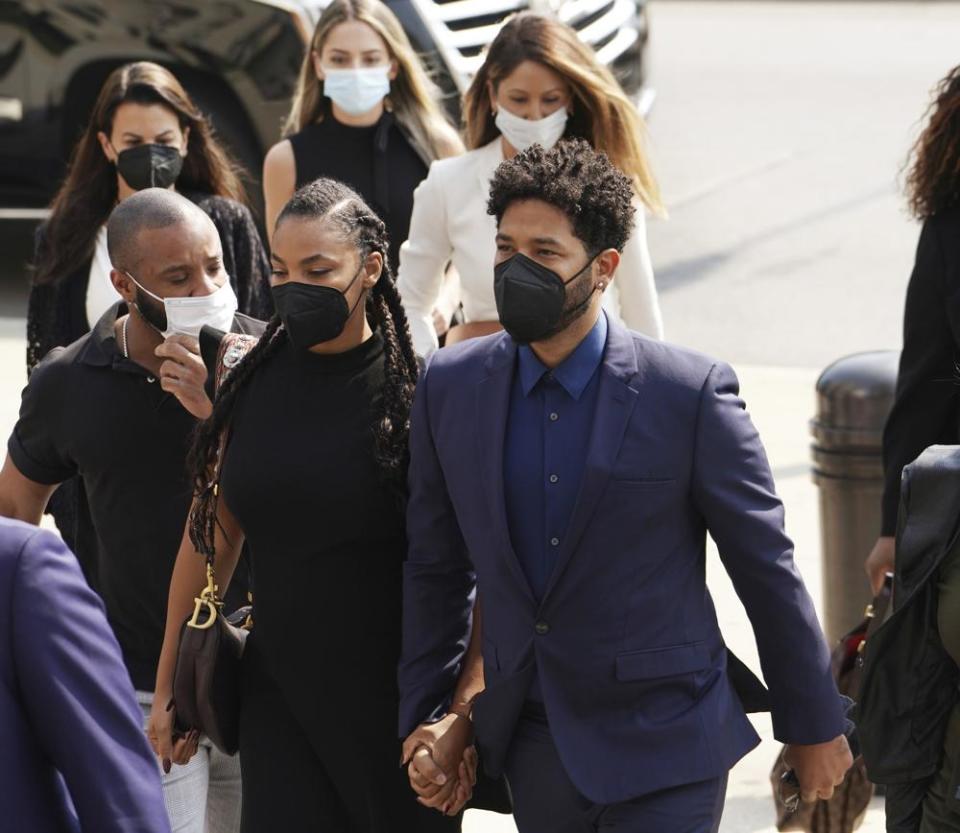 Former “Empire” actor Jussie Smollett, right, arrives the George N. Leighton Criminal Court Building for a hearing on, Wednesday, July 14, 2021, in Chicago. (Stacey Wescott/Chicago Tribune via AP, File)