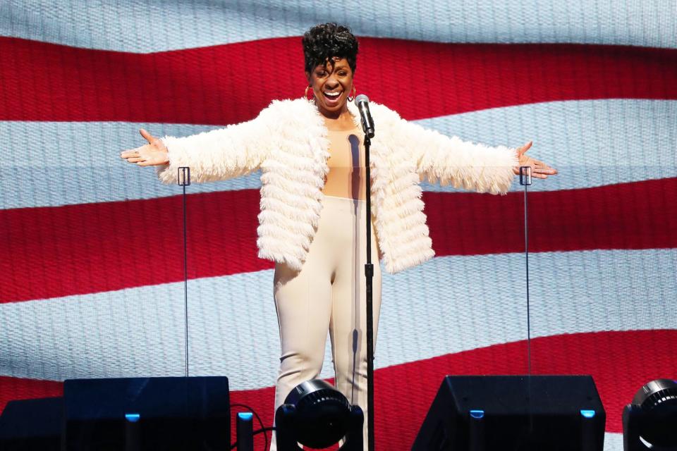 <p>Gladys Knight performs the National Anthem before the 70th NBA All Star game on Sunday at the State Farm Arena in Atlanta.</p>