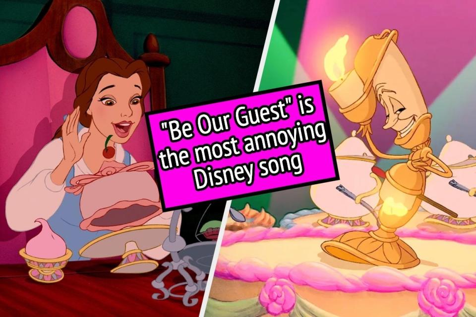 Two photos from the "Be Our Guest" musical number with the text "'Be Our Guest' is the most annoying Disney song"