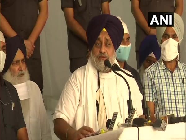 Shiromani Akali Dal (SAD) chief Sukhbir Singh Badal addressing workers in Chandigarh on Monday. (Photo/ANI)