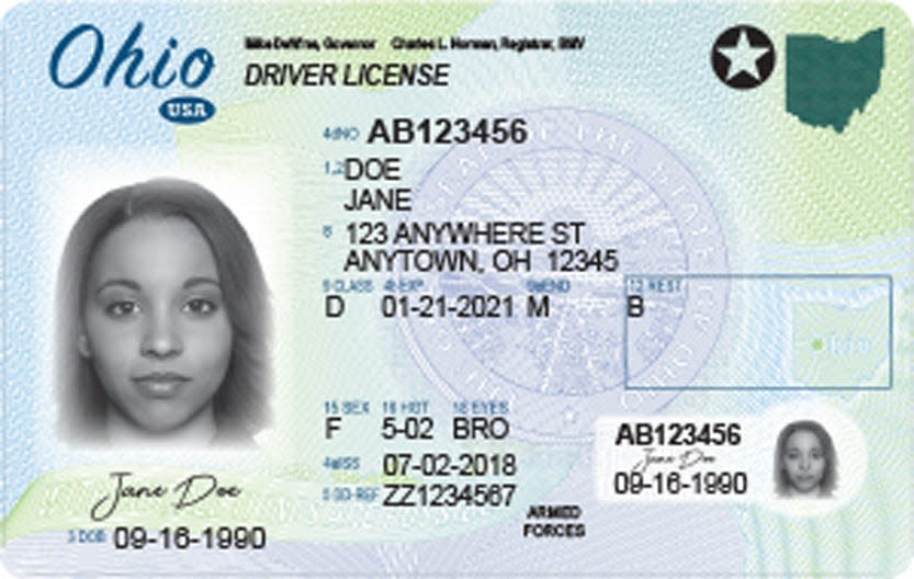 A federally compliant Ohio driver license, which will be required for air travel starting May 3, 2023. RealID compliance is indicated by the star in the upper right corner.