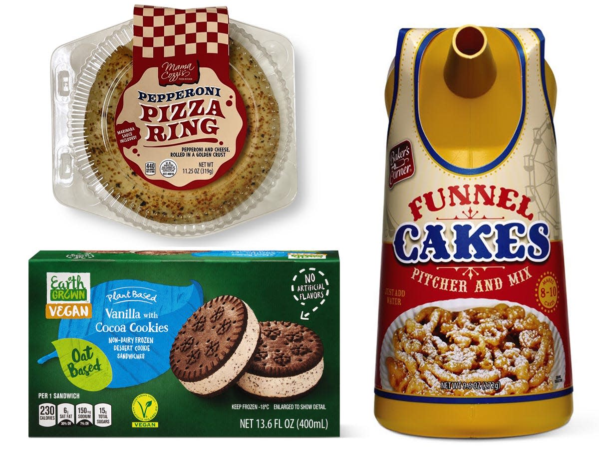 Mama Cozzi's pizza ring; Earth Grown sandwich cookies; Baker's Corner funnel-cake kit