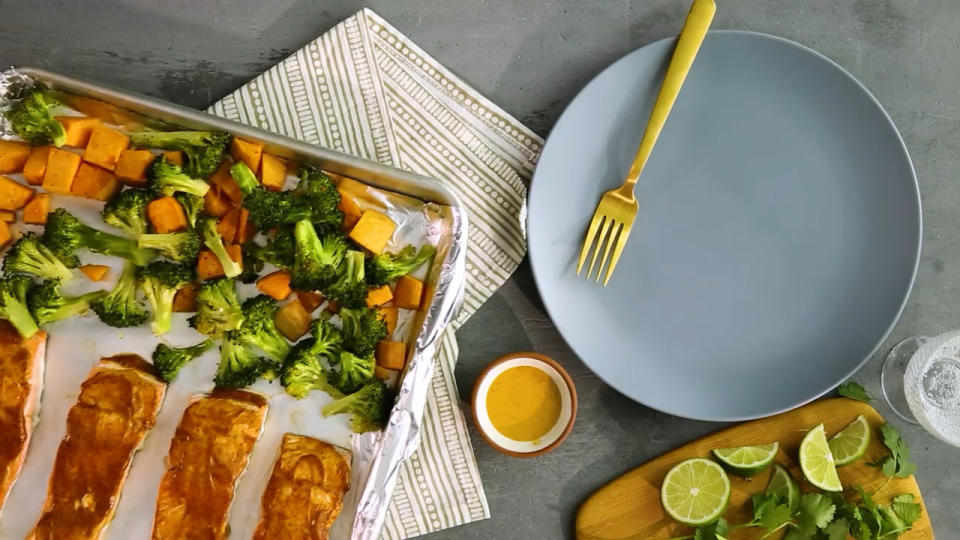 Sheet-Pan Salmon with Sweet Potatoes & Broccoli