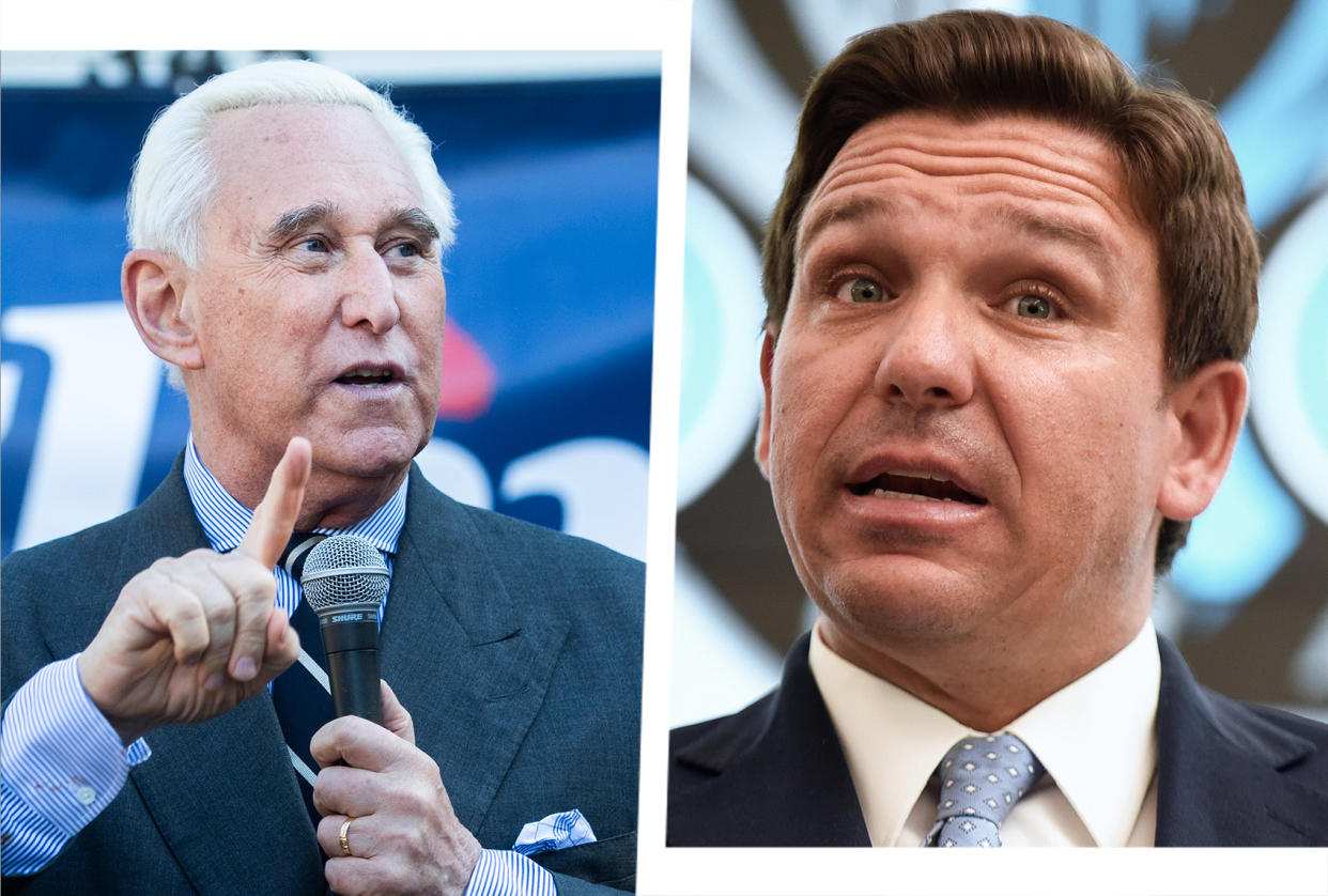 Roger Stone, left, and Florida Gov. Ron DeSantis Salon illustration via Getty Images