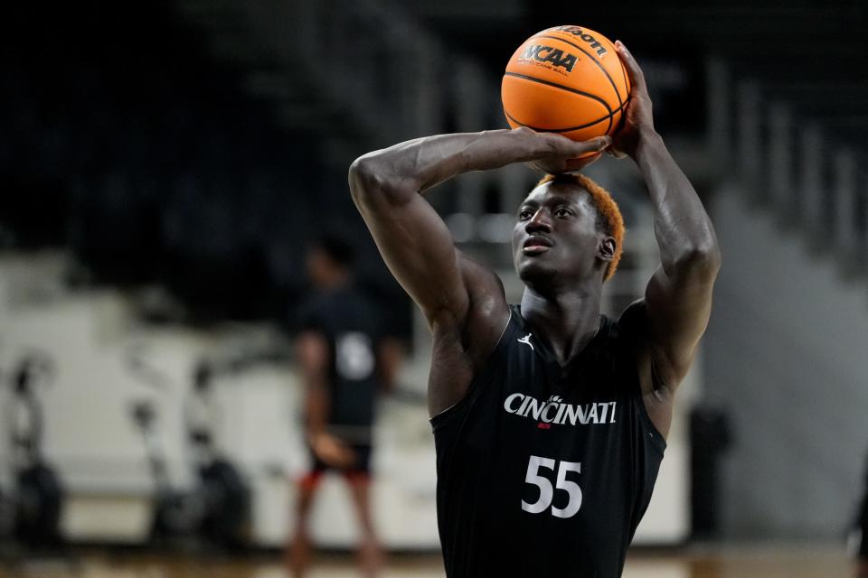 Cincinnati Bearcats forward Aziz Bandaogo (55) shoots during a preseason practice at Fifth Third Arena in Cincinnati on Tuesday, Oct. 3, 2023.