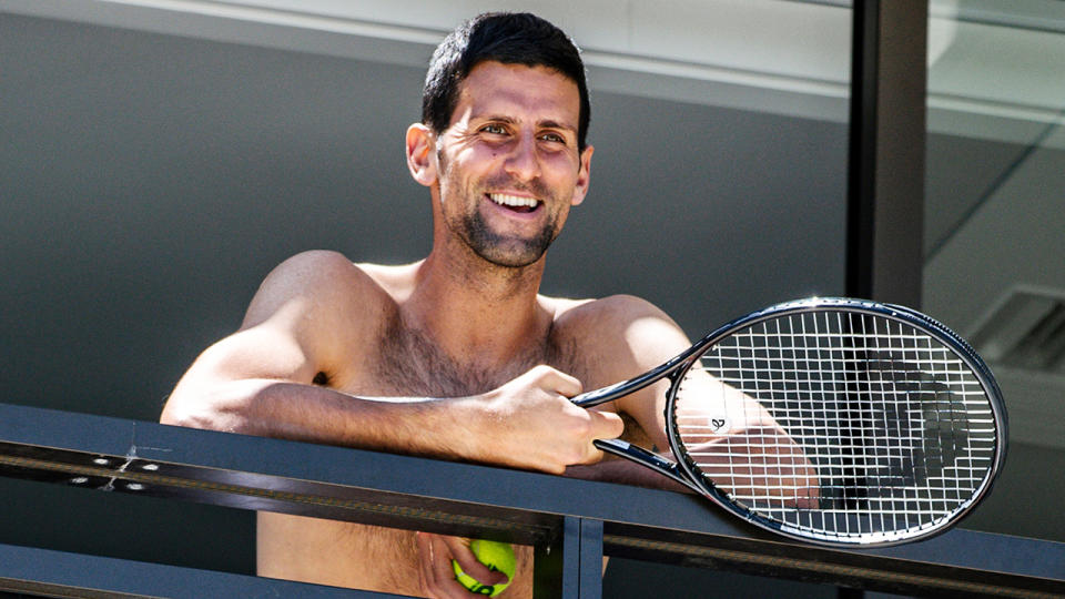 Novak Djokovic, pictured here on his hotel balcony in Adelaide.