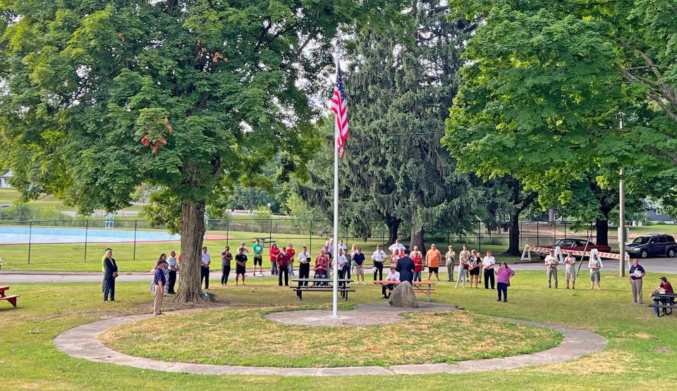 A flag raising ceremony was held Friday morning at Liberty Park to dedicate a new flagpole rebuilt with VFW funds.