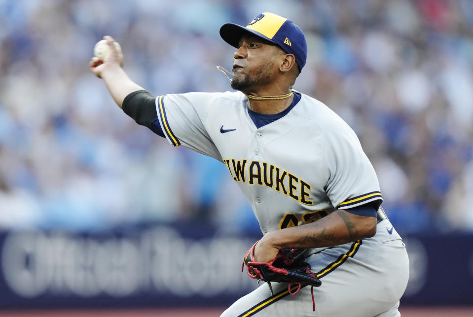 Milwaukee Brewers starting pitcher Julio Teheran works against the Toronto Blue Jays during the first inning of a baseball game Wednesday, May 31, 2023, in Toronto. (Frank Gunn/The Canadian Press via AP)