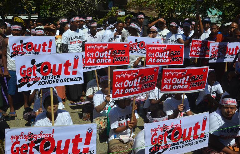 People protest against Medecins Sans Frontieres, in Sittwe, Rakhine state in western Myanmar on February 22, 2014