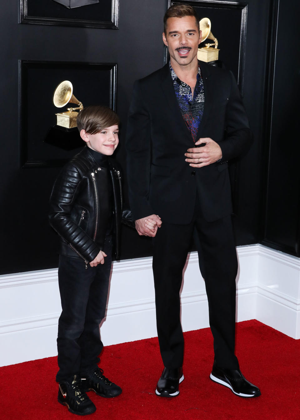 LOS ANGELES, CA, USA - FEBRUARY 10: Matteo Martin wearing Balmain and father Ricky Martin wearing Berlutti arrive at the 61st Annual GRAMMY Awards held at Staples Center on February 10, 2019 in Los Angeles, California, United States. (Photo by Xavier Collin/Image Press Agency/Sipa USA)