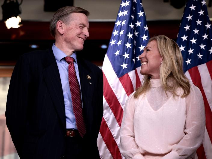 Republican Reps. Marjorie Taylor Greene of Georgia and Paul Gosar of Arizona at a press conference at the Capitol on  December 7, 2021.