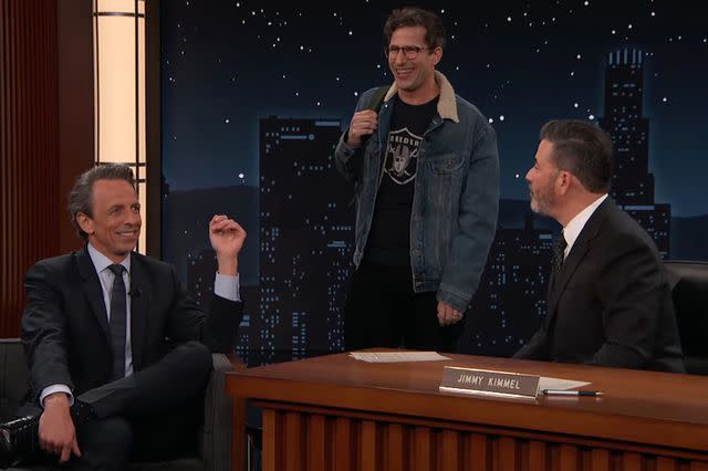 <p>Jimmy Kimmel Live/YouTube</p> Andy Samberg crashes Seth Meyers' interview on 'Jimmy Kimmel Live'