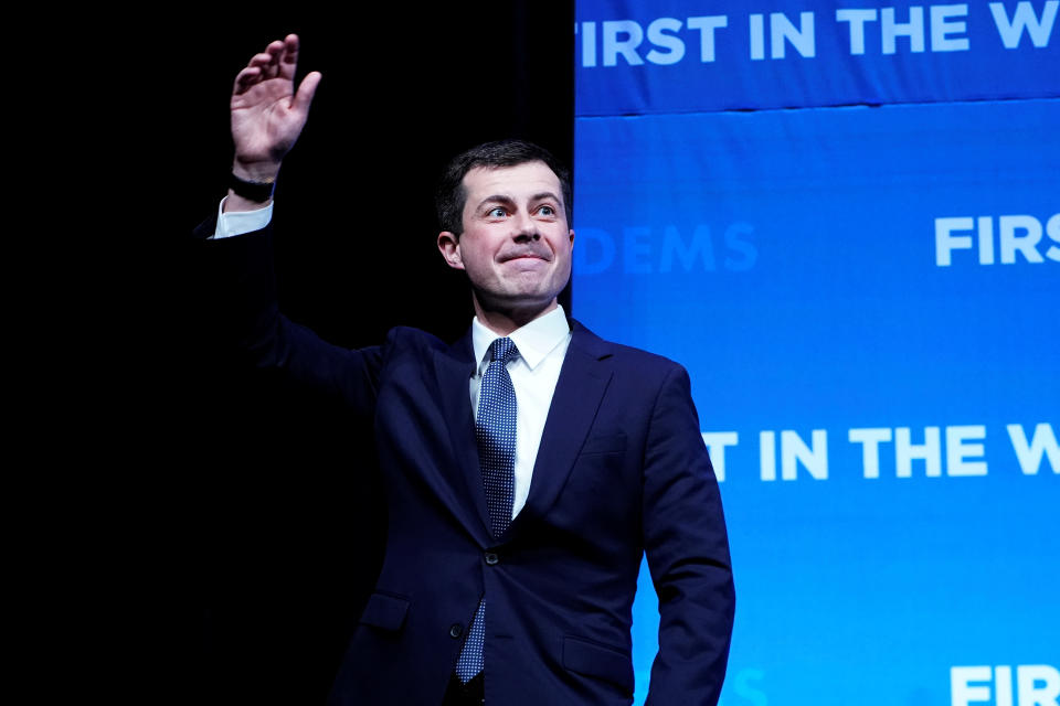 Democratic U.S. presidential candidate Pete Buttigieg appears on stage at a First in the West Event at the Bellagio Hotel in Las Vegas, Nevada, U.S., November 17, 2019. REUTERS/Carlo Allegri