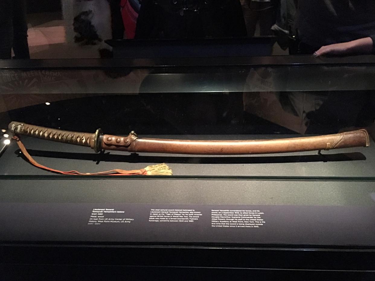The samurai sword that Japanese General Tomoyuki Yamashita was carrying when he surrendered to the Allies on 2 September 1945 will be on display at the Witness to War: Remembering 1942 exhibition in the National Museum of Singapore. (Photo: Vernon Lee/Yahoo Lifestyle Singapore)
