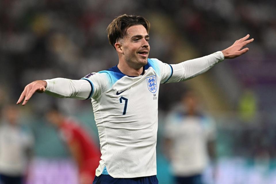 England’s forward #07 Jack Grealish celebrates scoring his team’s sixth goal d (AFP via Getty Images)