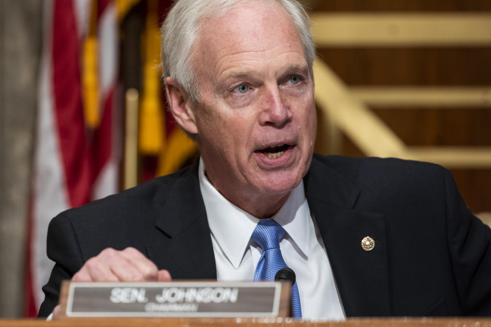 WASHINGTON, DC - DECEMBER 16: Senate Homeland Security and Governmental Affairs Committee Chairman, Sen. Ron Johnson (R-WI) argues with Democratic Senator from Michigan Gary Peters (not pictured) during a hearing to examine claims of voter irregularities in the 2020 election in the Dirksen Senate Office Building on December 16, 2020 in Washington, DC. U.S. President Donald Trump continues to push baseless claims of voter fraud during the presidential election, which the Department of Homeland Security called the most secure in American history. (Photo by Jim Lo Scalzo-Pool/Getty Images)