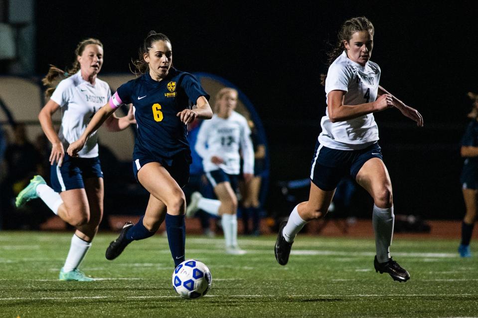 Lourdes' Grace Morra charges down field during the girls Section 9 MHAL soccer championship game at Wallkill High School in Wallkill,. NY on Thursday, October 20, 2022. Lourdes defeated Mount Academy. KELLY MARSH/FOR THE POUGHKEEPSIE JOURNAL