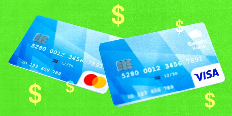 A graphic showing Mastercard and Visa credit cards on a green background with dollar signs.