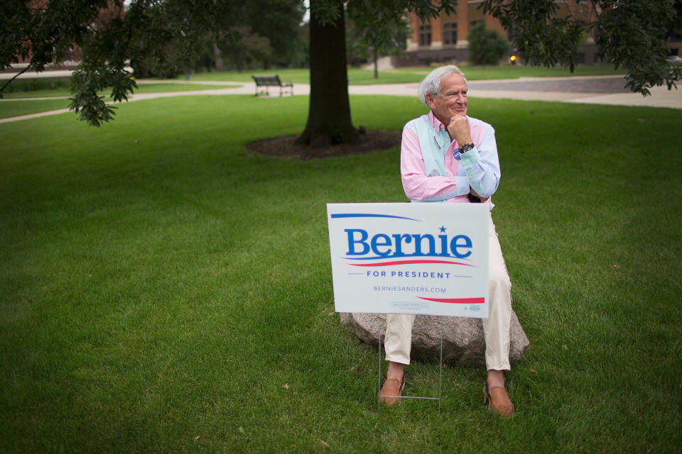 Richard Rarick shows his support as he waits for the start of a campaign event for Sen. Bernie Sanders at Drake University on June 12, 2015 in Des Moines, Iowa.
