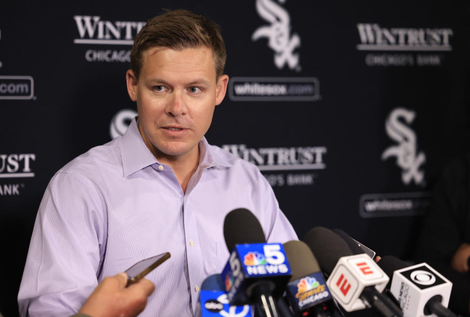 CHICAGO, ILLINOIS – SEPTEMBER 24: General Manager Chris Getz of the Chicago White Sox speaks to the media before the game against the Los Angeles Angels at Guaranteed Rate Field on September 24, 2024 in Chicago, Illinois. (Photo by Justin Casterline/Getty Images)