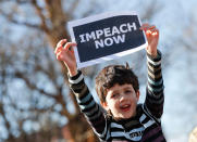 <p>Marcel Ast, 10, from New Jersey, holds up a sign during a “Not My President’s Day” rally at DuPont Circle in Washington, Monday, Feb. 20, 2017. Anti-President Trump activists seized on Monday’s federal holiday to organize rallies in cities around the country to oppose policies by Trump. (AP Photo/Pablo Martinez Monsivais) </p>